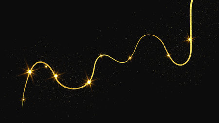 Gold glittering confetti wave and stardust. Backdrop with golden magical sparkles on dark background. Vector illustrationのイラスト素材