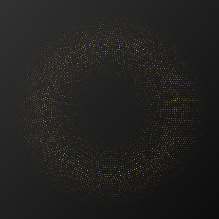 Abstract gold glowing halftone dotted background. Gold glitter pattern in circle form. Circle halftone dots. Vector illustrationのイラスト素材