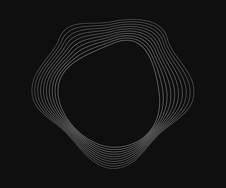 Round curved frame with dynamic wavy stripes. White wavy circles on a black background. Design element. Vector illustrationのイラスト素材