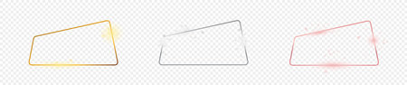 Set of three gold, silver and rose gold glowing rounded trapezium shape frames isolated on transparent background. Shiny frame with glowing effects. Vector illustrationのイラスト素材