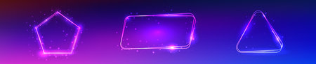 Set of three neon double frames with shining effects and sparkles on blue background. Empty glowing techno backdrop. Vector illustrationのイラスト素材