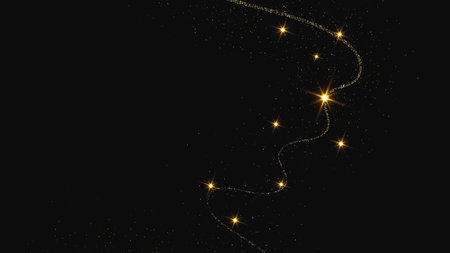 Gold glittering confetti wave and stardust. Backdrop with golden magical sparkles on dark background. Vector illustrationのイラスト素材