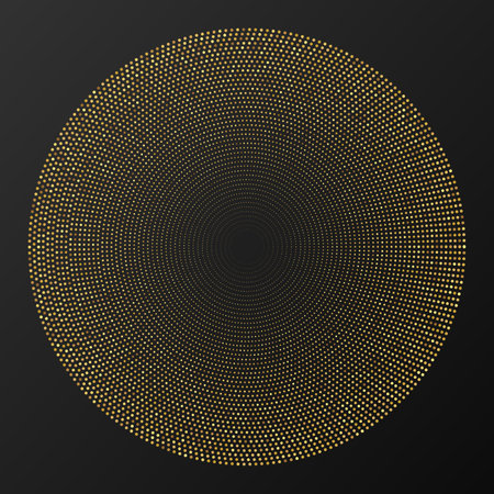 Abstract gold glowing halftone dotted background. Gold glitter pattern in circle form. Circle halftone dots. Vector illustrationのイラスト素材