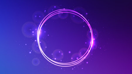 Neon circle frame with shining effects and sparkles on blue background. Empty glowing techno backdrop. Vector illustrationのイラスト素材
