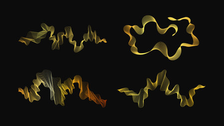 Luxury golden waves on dark background. Set of four abstract modern technology backdrops with wave design. Vector illustrationのイラスト素材