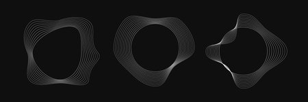 Set of three round curved frames with dynamic wavy stripes. Collection of white wavy circles on a black background. Design element. Vector illustrationのイラスト素材