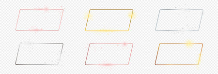 Set of six gold, silver and rose gold glowing rounded parallelogram frames isolated on transparent background. Shiny frame with glowing effects. Vector illustrationのイラスト素材