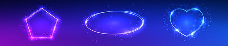 Set of three neon double frames with shining effects and sparkles on blue background. Empty glowing techno backdrop. Vector illustrationのイラスト素材
