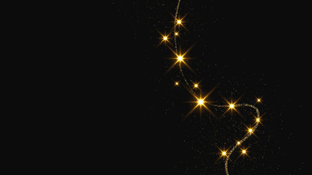 Gold glittering confetti wave and stardust. Backdrop with golden magical sparkles on dark background. Vector illustrationのイラスト素材