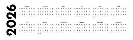 Horizontal calendar for 2026 isolated on a white background. Sunday to Monday, business template. Vector illustrationのイラスト素材