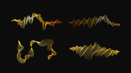 Luxury golden waves on dark background. Set of four abstract modern technology backdrops with wave design. Vector illustrationのイラスト素材