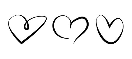 Set of three continuous line black hearts, symbolizing love and romance, isolated on a white background. Vector illustrationのイラスト素材