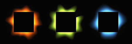 Set of square illuminated frames with gradient. Three multicolor neon banners isolated on black background. Vector illustrationのイラスト素材