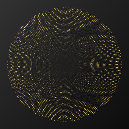 Abstract gold glowing halftone dotted background. Gold glitter pattern in circle form. Circle halftone dots. Vector illustrationのイラスト素材