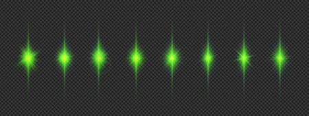 Light effect of lens flares. Eight green glowing light starburst effects with sparkles on a gray transparent background. Vector illustrationのイラスト素材