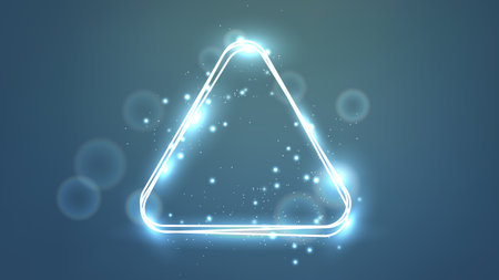 Neon rounded triangle frame with shining effects and sparkles on dark background. Empty glowing techno backdrop. Vector illustrationのイラスト素材