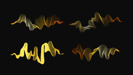 Luxury golden waves on dark background. Set of four abstract modern technology backdrops with wave design. Vector illustrationのイラスト素材