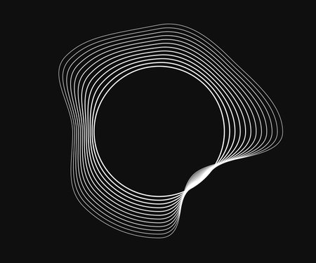 Round curved frame with dynamic wavy stripes. White wavy circles on a black background. Design element. Vector illustrationのイラスト素材