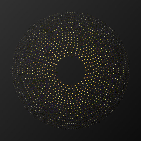 Abstract gold glowing halftone dotted background. Gold glitter pattern in circle form. Circle halftone dots. Vector illustrationのイラスト素材