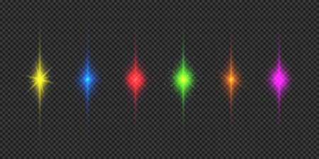Light effect of lens flares. Six multicolor glowing light starburst effects with sparkles on a gray transparent background. Vector illustrationのイラスト素材