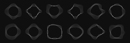 Set of round curved frames with dynamic wavy stripes. Collection of white wavy circles on a black background. Design element. Vector illustrationのイラスト素材