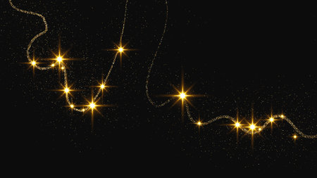 Gold glittering confetti wave and stardust. Backdrop with golden magical sparkles on dark background. Vector illustrationのイラスト素材