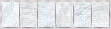 Set of white clean crumpled papers on a transparent background. Six crumpled empty notebook sheets of paper with shadow for posters and banners. Vector illustrationのイラスト素材