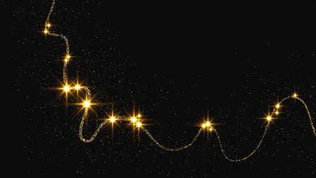 Gold glittering confetti wave and stardust. Backdrop with golden magical sparkles on dark background. Vector illustrationのイラスト素材