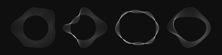 Set of four round curved frames with dynamic wavy stripes. Collection of white wavy circles on a black background. Design element. Vector illustrationのイラスト素材