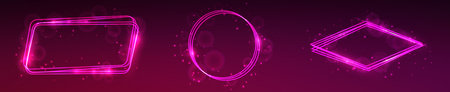 Set of three neon frames with shining effects and sparkles on pink background. Empty glowing techno backdrop. Vector illustrationのイラスト素材