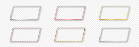 Set of six gold, silver and rose gold glowing rounded parallelogram frames isolated on transparent background. Shiny frame with glowing effects. Vector illustrationのイラスト素材