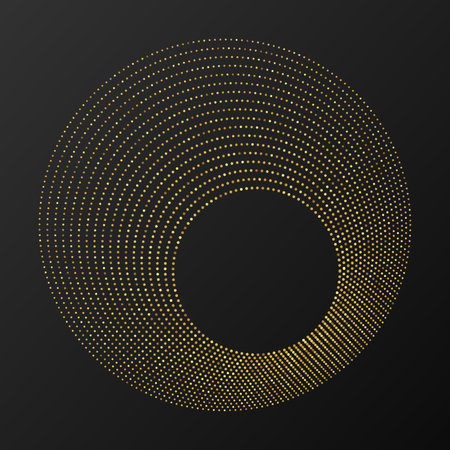 Abstract gold glowing halftone dotted background. Gold glitter pattern in circle form. Circle halftone dots. Vector illustrationのイラスト素材