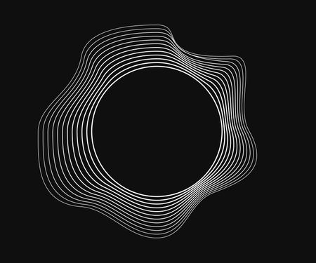 Round curved frame with dynamic wavy stripes. White wavy circles on a black background. Design element. Vector illustrationのイラスト素材