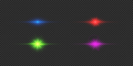 Light effect of lens flares. Four multicolor horizontal glowing light starburst effects with sparkles on a gray transparent background. Vector illustrationのイラスト素材
