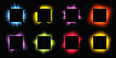 Big set of square illuminated frames with gradient. Eight multicolor neon banners isolated on black background. Vector illustrationのイラスト素材