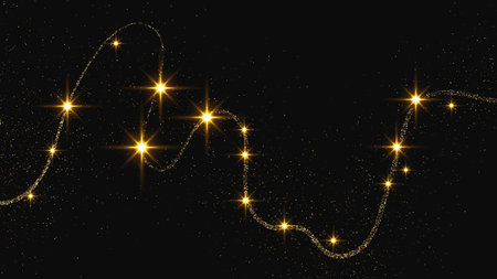 Gold glittering confetti wave and stardust. Backdrop with golden magical sparkles on dark background. Vector illustrationのイラスト素材