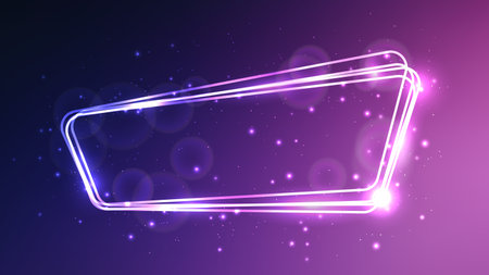 Neon rounded frame with shining effects and sparkles on blue background. Empty glowing techno backdrop. Vector illustrationのイラスト素材