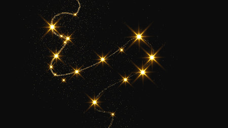 Gold glittering confetti wave and stardust. Backdrop with golden magical sparkles on dark...