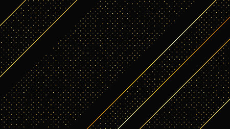 Luxurious dark background with abstract golden lines and glittering dots. Gold halftone backdrop with shimmering sparkles. A stylish and elegant design for modern templates. Vector illustrationのイラスト素材