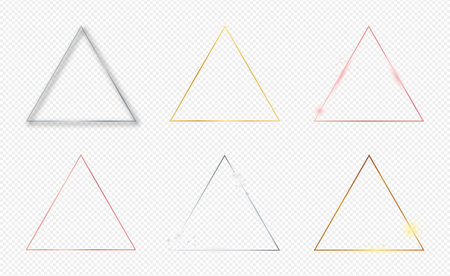 Set of six gold, silver and rose gold glowing triangle frames isolated on transparent background. Shiny frame with glowing effects. Vector illustrationのイラスト素材