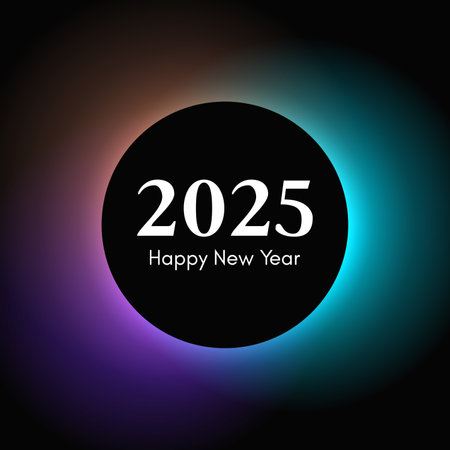 Happy new year 2025 inscription in circle light frame. White numbers on blue and purple round neon banner isolated on black background. Vector illustrationのイラスト素材