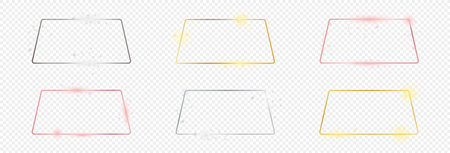 Set of six gold, silver and rose gold glowing rounded trapezoid frames isolated on transparent background. Shiny frame with glowing effects. Vector illustrationのイラスト素材
