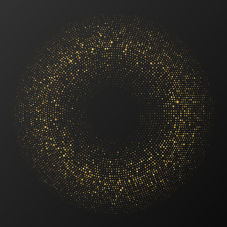 Abstract gold glowing halftone dotted background. Gold glitter pattern in circle form. Circle halftone dots. Vector illustrationのイラスト素材