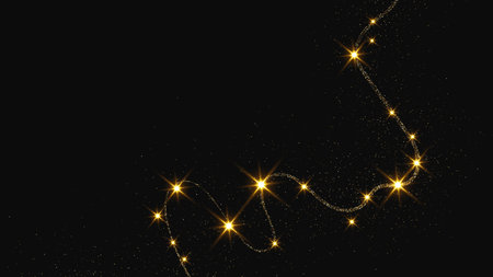 Gold glittering confetti wave and stardust. Backdrop with golden magical sparkles on dark background. Vector illustrationのイラスト素材