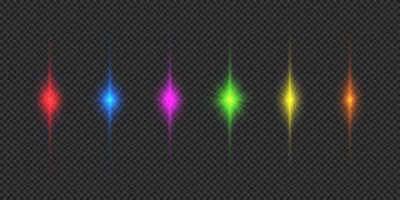 Light effect of lens flares. Six multicolor glowing light starburst effects with sparkles on a gray transparent background. Vector illustrationのイラスト素材