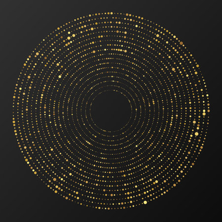Abstract gold glowing halftone dotted background. Gold glitter pattern in circle form. Circle halftone dots. Vector illustrationのイラスト素材
