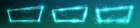 Set of three neon frames with shining effects and sparkles on green background. Empty glowing techno backdrop. Vector illustrationのイラスト素材