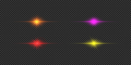 Light effect of lens flares. Four multicolor horizontal glowing light starburst effects with sparkles on a gray transparent background. Vector illustrationのイラスト素材