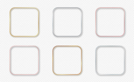 Set of six gold, silver and rose gold glowing rounded square frames isolated on transparent background. Shiny frame with glowing effects. Vector illustrationのイラスト素材