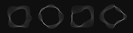 Set of four round curved frames with dynamic wavy stripes. Collection of white wavy circles on a black background. Design element. Vector illustrationのイラスト素材